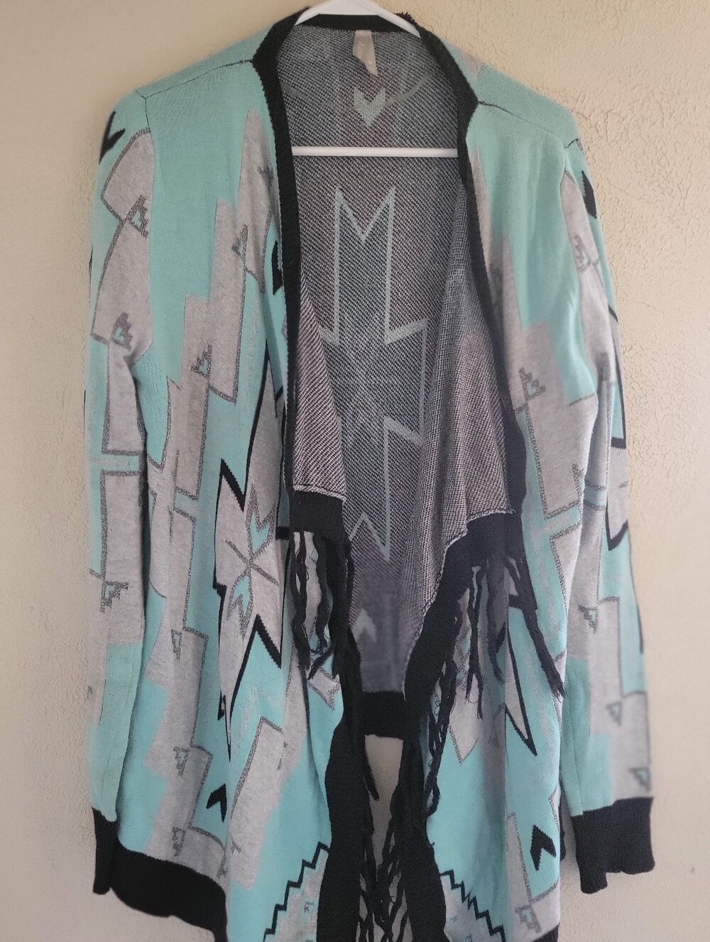 Vanity Boho Mint Geometric Aztec Fringe Open Cardigan Medium